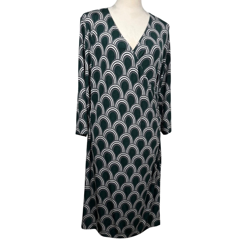 Travelers by Chico's Geometric Deco Faux Wrap Midi Dress Emerald Green Size L‎